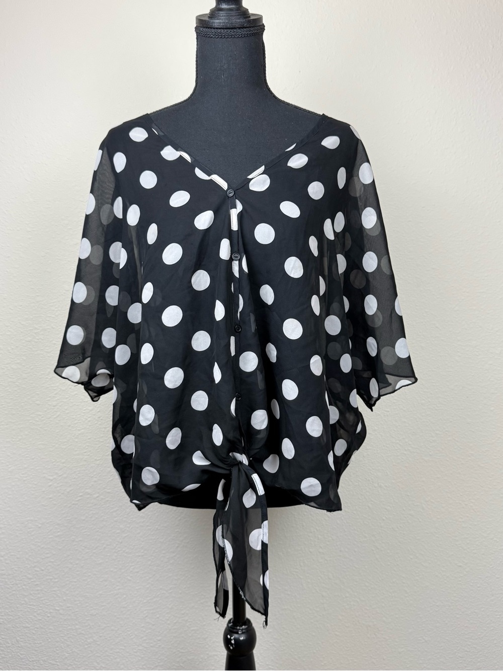 Sheer Black & White Polka Dot Batwing Tie at Waist Button Down Blouse XL